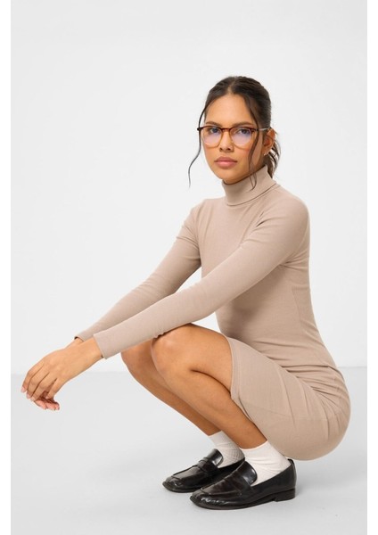 Yake Store Bej Kaşkorse Triko Dar Kalıp Balıkçı Yaka Kadın Elbise - 97117