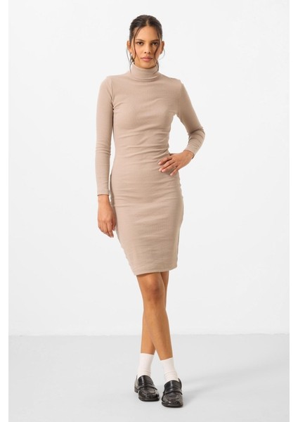 Yake Store Bej Kaşkorse Triko Dar Kalıp Balıkçı Yaka Kadın Elbise - 97117 fiyatları