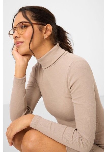 Yake Store Bej Kaşkorse Triko Dar Kalıp Balıkçı Yaka Kadın Elbise - 97117 modelleri