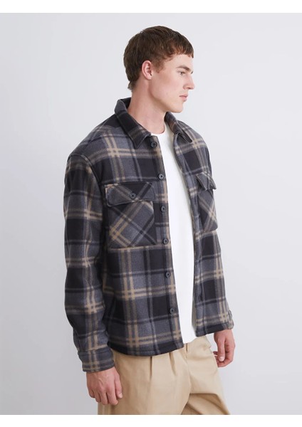 Xsıde Siyah Rahat Kalıp Uzun Kollu Ekose Erkek Gömlek Ceket