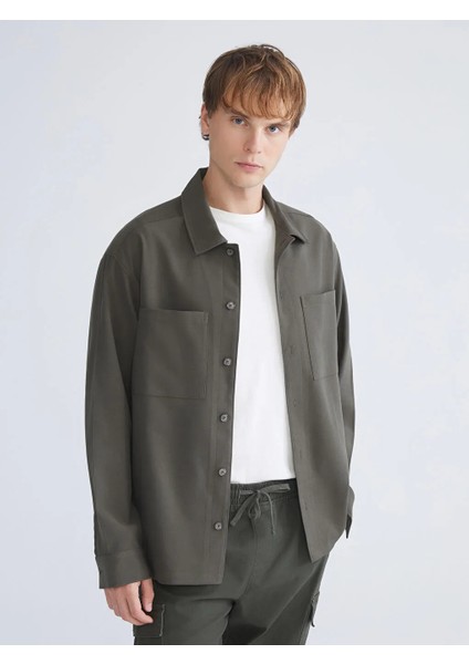 Xsıde Haki Rahat Kalıp Uzun Kollu Kadife Erkek Gömlek Ceket