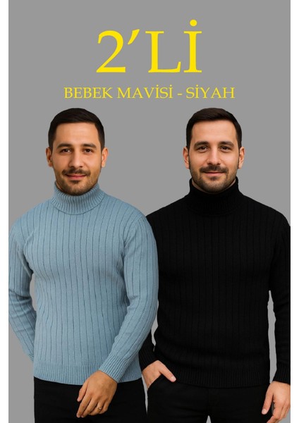 Erkek Fitilli Triko Kazak 2'li Set Bebek Mavisi Siyah Regular Balıkcı Yaka Tam Boğazlı Triko Seti Modeli Kazak