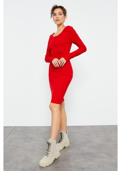 Yake Store Kırmızı Kaşkorse Triko Dar Kalıp Patlı Yaka Kadın Elbise - 97116