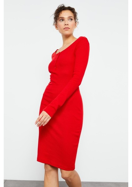 Yake Store Kırmızı Kaşkorse Triko Dar Kalıp Patlı Yaka Kadın Elbise - 97116 fiyatları