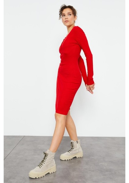 Yake Store Kırmızı Kaşkorse Triko Dar Kalıp Patlı Yaka Kadın Elbise - 97116 modelleri