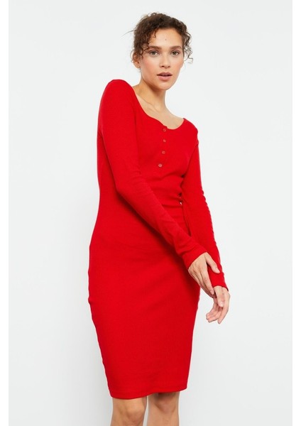 Yake Store Kırmızı Kaşkorse Triko Dar Kalıp Patlı Yaka Kadın Elbise - 97116 fırsatları