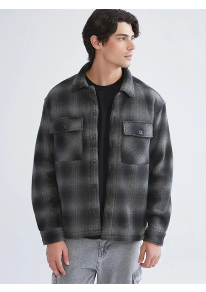 Xsıde Haki Rahat Kalıp Uzun Kollu Ekose Erkek Gömlek Ceket