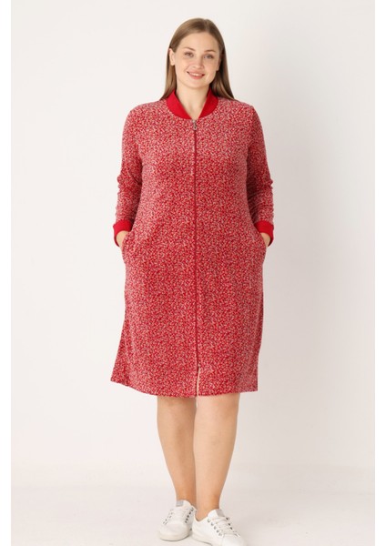 Kırmızı Desenli Pamuklu Kadife Cepli Fermuarlı Uzun Kollu Kadın Büyük Beden Elbise