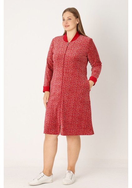 Kırmızı Desenli Pamuklu Kadife Cepli Fermuarlı Uzun Kollu Kadın Büyük Beden Elbise fiyatları