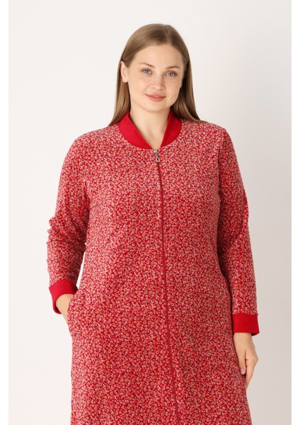 Kırmızı Desenli Pamuklu Kadife Cepli Fermuarlı Uzun Kollu Kadın Büyük Beden Elbise modelleri