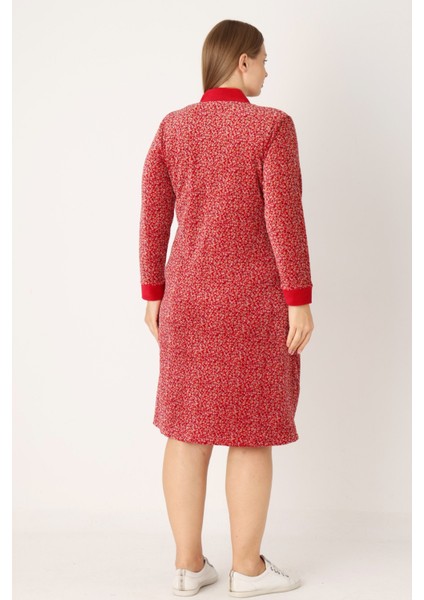 Kırmızı Desenli Pamuklu Kadife Cepli Fermuarlı Uzun Kollu Kadın Büyük Beden Elbise indirimleri
