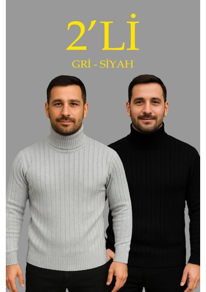 Erkek Fitilli Triko Kazak 2'li Set Gri Siyah Regular Balıkcı Yaka Tam Boğazlı Triko Seti Modeli Kazak