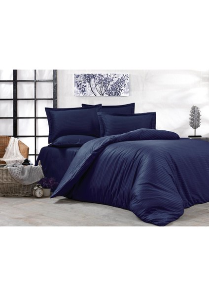 Saten Lastikli Çarşaflı Lacivert Tek Kişilik Nevresim Takımı