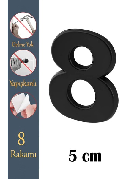 Kapı Numarası Yapışkanlı Küçük Boy 50 mm 5 cm Numara 8 Rakam Sekiz Sayı Siyah Renk Numaralar 1 Adet