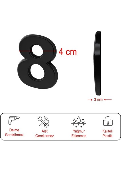 Kapı Numarası Yapışkanlı Küçük Boy 50 mm 5 cm Numara 8 Rakam Sekiz Sayı Siyah Renk Numaralar 1 Adet modelleri