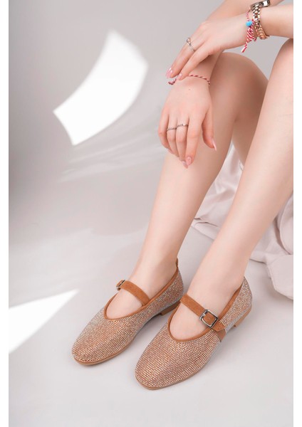 Kadın Baretli Taba Taşlı Günlük Babet Ayakkabı