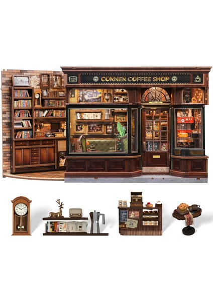 Corner Coffee Shop - 2025 Yeni Ürün Kitap Köşesi 3D Ahşap Kitap Köşesi Kendin Yap Kitap Köşesi Seti, Minyatür Ev (CWGB402) - Köşedeki Kahve Dükkanı