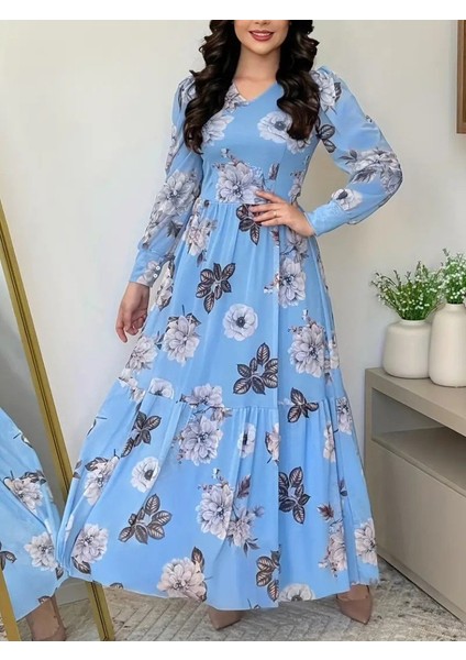 Kadın Uzun Kollu V Yakalı Çiçek Desenli Maxi Süprem Elbise fiyatları