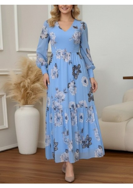 Kadın Uzun Kollu V Yakalı Çiçek Desenli Maxi Süprem Elbise indirimleri