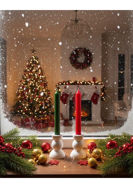 Yılbaşı, Beyaz Şamdanlıklı, Yeşil ve Kırmızı Şamdan Oluşan Mum 2 Li Set