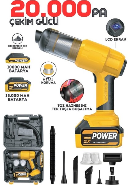 25000MAH Çift Bataryalı 20000PA Ultra Çekim Güçlü Çantalı Yedek Filtreli Araç Temizleme Süpürgesi