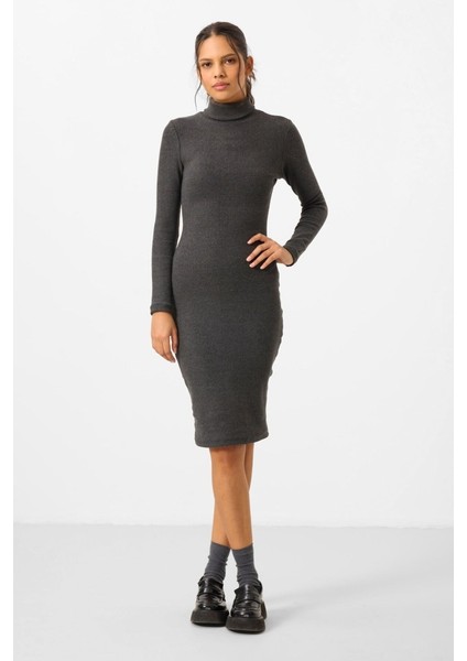 Yake Store Antrasit Melanj Kaşkorse Triko Dar Kalıp Balıkçı Yaka Kadın Elbise - 97117