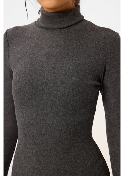 Yake Store Antrasit Melanj Kaşkorse Triko Dar Kalıp Balıkçı Yaka Kadın Elbise - 97117 fiyatları