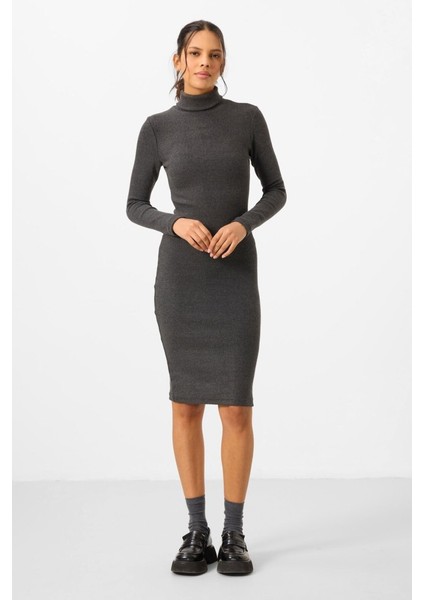 Yake Store Antrasit Melanj Kaşkorse Triko Dar Kalıp Balıkçı Yaka Kadın Elbise - 97117 modelleri