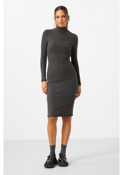 Yake Store Antrasit Melanj Kaşkorse Triko Dar Kalıp Balıkçı Yaka Kadın Elbise - 97117 fırsatları