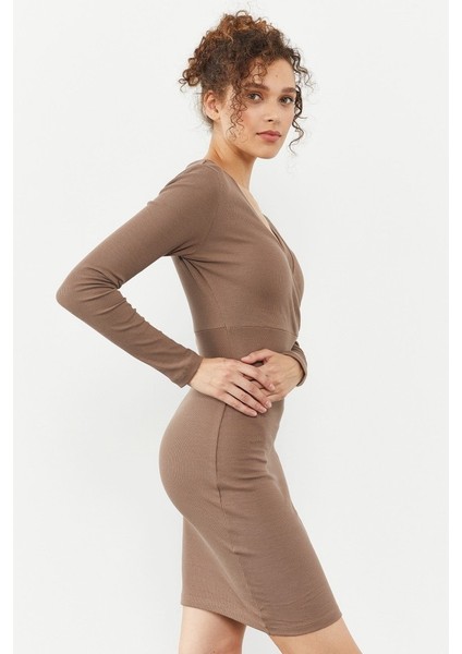 Yake Store Bej Kaşkorse Triko Dar Kalıp Kruvaze Yaka Kadın Elbise - 97118