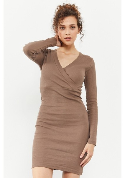Yake Store Bej Kaşkorse Triko Dar Kalıp Kruvaze Yaka Kadın Elbise - 97118 fiyatları