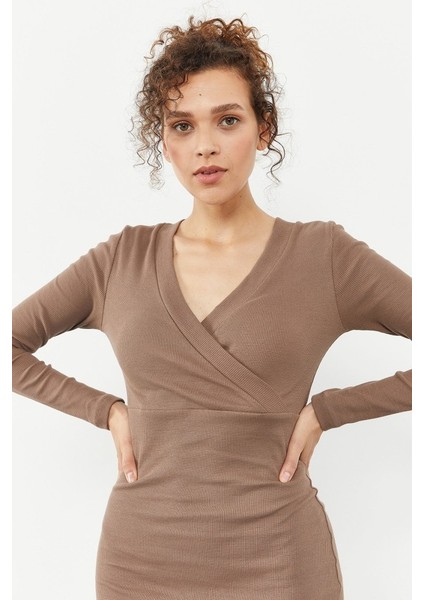 Yake Store Bej Kaşkorse Triko Dar Kalıp Kruvaze Yaka Kadın Elbise - 97118 modelleri