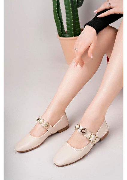 Kadın Krem Cild Günlük Babet Tokalı Ayarlanabilir Hafif Rahat Ayakkabı