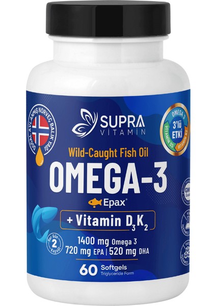 Vitamin Klinik Onaylı Epax® Omeg-3 Balık Yağı, 2.000 Mg Fish Oil + Vitamin D3 & K2, 60 Kapsül