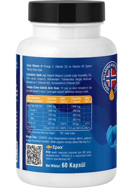 Vitamin Klinik Onaylı Epax® Omeg-3 Balık Yağı, 2.000 Mg Fish Oil + Vitamin D3 & K2, 60 Kapsül fiyatları