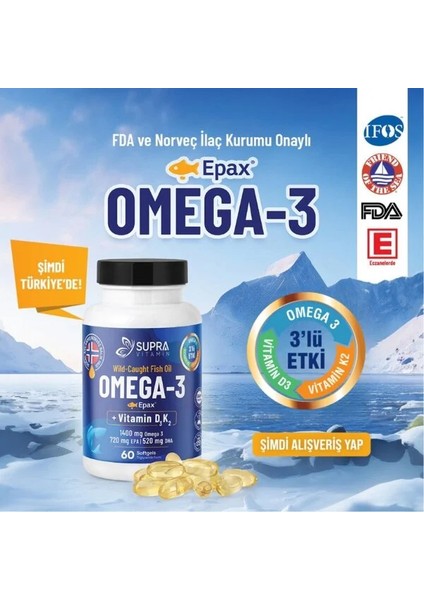 Vitamin Klinik Onaylı Epax® Omeg-3 Balık Yağı, 2.000 Mg Fish Oil + Vitamin D3 & K2, 60 Kapsül modelleri