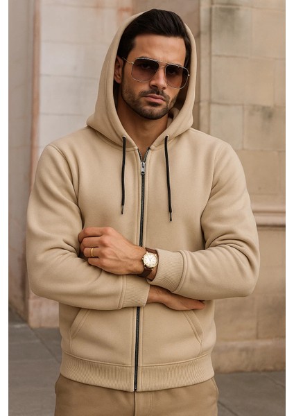 Erkek Kışlık Cepli Krem Oversize Sweatshirt