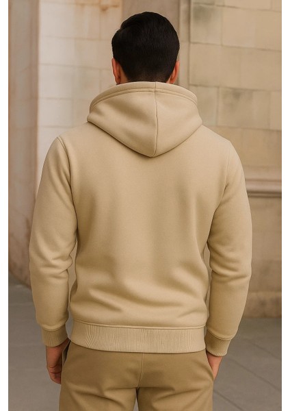 Erkek Kışlık Cepli Krem Oversize Sweatshirt