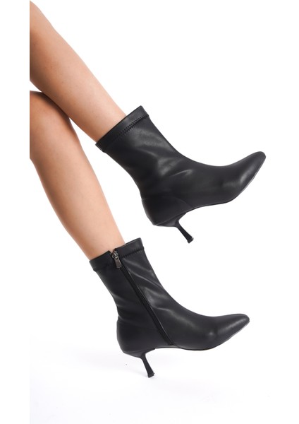 Kadın Topuklu Bot Sivri Burun Orta Boy Ökçe Günlük Klasik Bot Siyah Topuk 6 cm