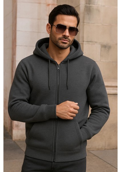 Erkek Kışlık Cepli Antrasit Oversize Sweatshirt