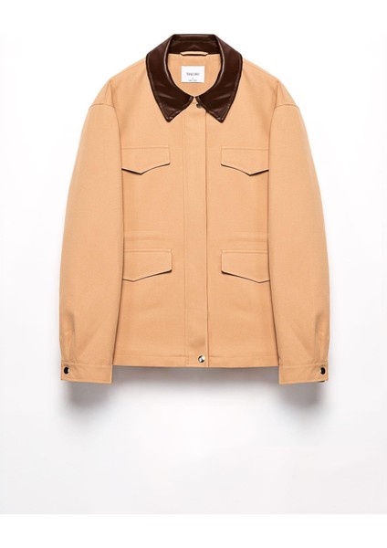 Kadın Camel Deri Yakalı Gabardin Ceket