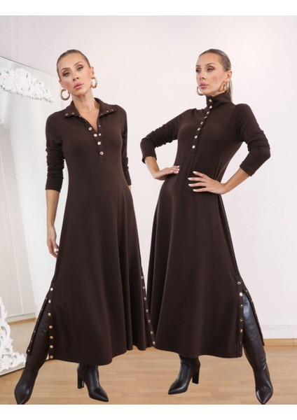 Buketli Kadın Dik Yakası ve Iki Yanı Çıt Çıt Detaylı Çelik Örme Penye Triko Uzun Kollu Uzun Elbise