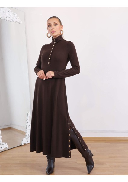 Buketli Kadın Dik Yakası ve Iki Yanı Çıt Çıt Detaylı Çelik Örme Penye Triko Uzun Kollu Uzun Elbise fiyatları