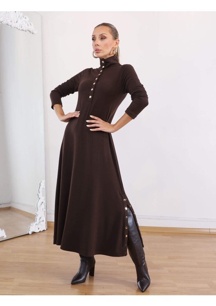 Buketli Kadın Dik Yakası ve Iki Yanı Çıt Çıt Detaylı Çelik Örme Penye Triko Uzun Kollu Uzun Elbise fırsatları