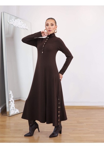 Buketli Kadın Dik Yakası ve Iki Yanı Çıt Çıt Detaylı Çelik Örme Penye Triko Uzun Kollu Uzun Elbise indirimleri