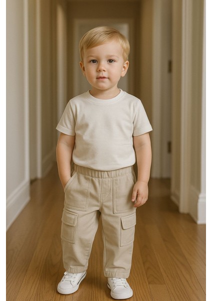 Erkek Kargo Cepli Bej Pantolon % 100 Pamuk , Gabardin Kumaş