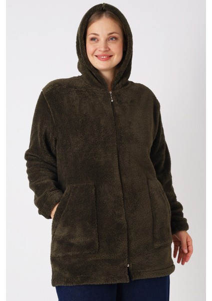 Kadın Büyük Beden Kapüşonlu Fermuarlı Cepli Soft Peluş Sweatshirt