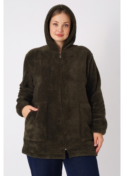 Kadın Büyük Beden Kapüşonlu Fermuarlı Cepli Soft Peluş Sweatshirt fiyatları