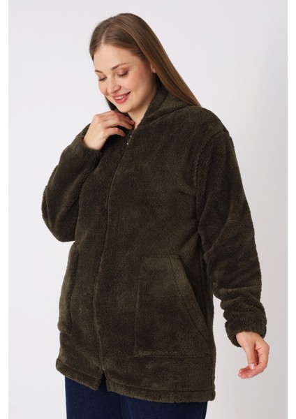 Kadın Büyük Beden Kapüşonlu Fermuarlı Cepli Soft Peluş Sweatshirt modelleri