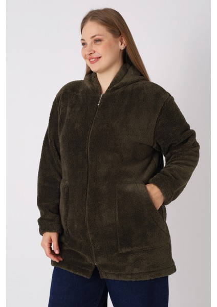 Kadın Büyük Beden Kapüşonlu Fermuarlı Cepli Soft Peluş Sweatshirt fırsatları
